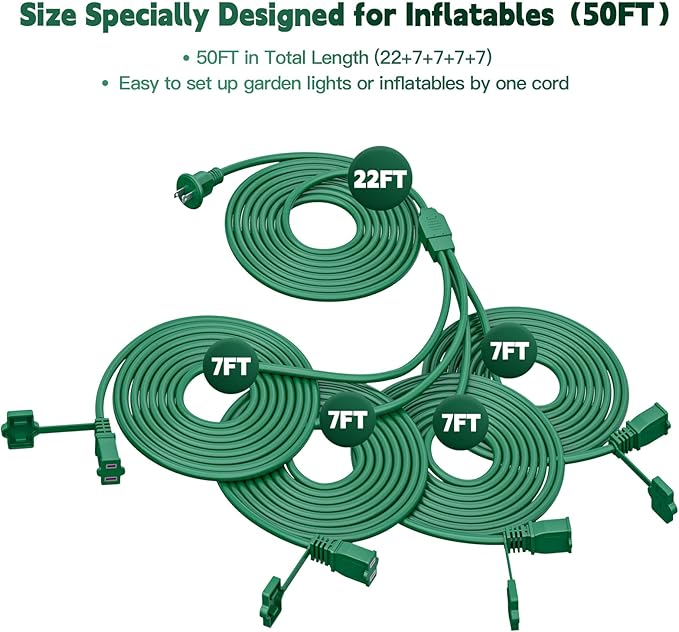 50Ft 4 Outlets Green Outdoor Extension Cords for Halloween Christmas Inflatables Blow Ups Yard Waterproof Outside with Multiple Outlets Extension Cord Power Splitter for Christmas Lights Decorations