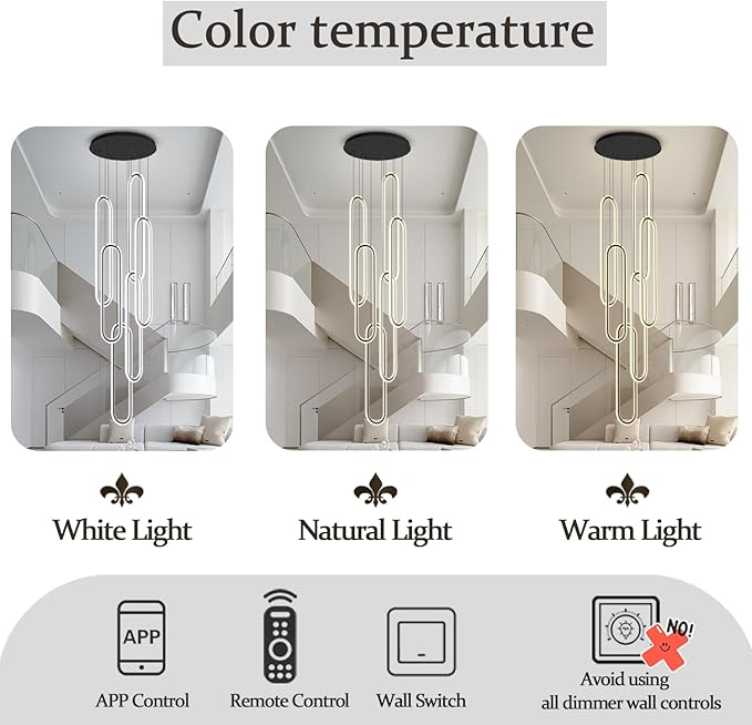 Flashing God H138 Modern Chandelier 6-Rings Large Chandelier for High Ceiling Led Dimmable Ring Pendant Lighting Black Contemporary Chandeliers for Villa Foyer Entrance Living Room