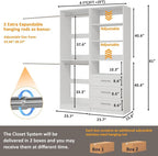 Closet System with 3 Drawers, 4FT Wood Closet Organizer System with 4 Hanging Rods&Adjustable Shevles, 81"Tall Modular Walk In Closet System, Standalone Closet System System, 2 Set,White