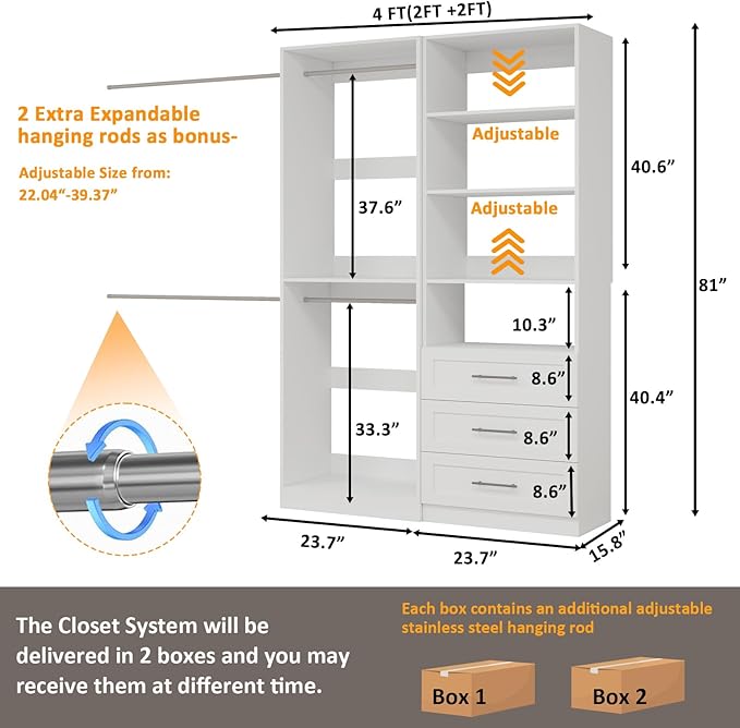 Closet System with 3 Drawers, 4FT Wood Closet Organizer System with 4 Hanging Rods&Adjustable Shevles, 81"Tall Modular Walk In Closet System, Standalone Closet System System, 2 Set,White