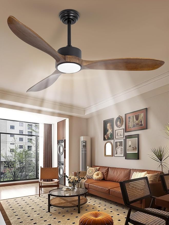 52inch Brown Wood Ceiling Fan with Light and Remote, Silent DC Motor,6 Speed Levels, Dimmable Lights, 3 Blade Modern Ceiling Fans for Living Room Bedroom Farmhouse Patio,Indoor Outdoor Ceiling Fans