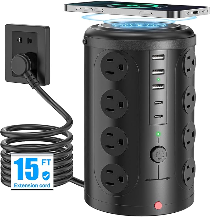Tower Power Strip with 15W Wireless Charger, 15FT Extension Cord with Multiple Outlets, 16 AC Outlets & 5 USB (2 USB C) Charging Station Surge Protector for Office Home Dorm Room (Black)