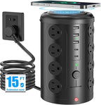 Tower Power Strip with 15W Wireless Charger, 15FT Extension Cord with Multiple Outlets, 16 AC Outlets & 5 USB (2 USB C) Charging Station Surge Protector for Office Home Dorm Room (Black)