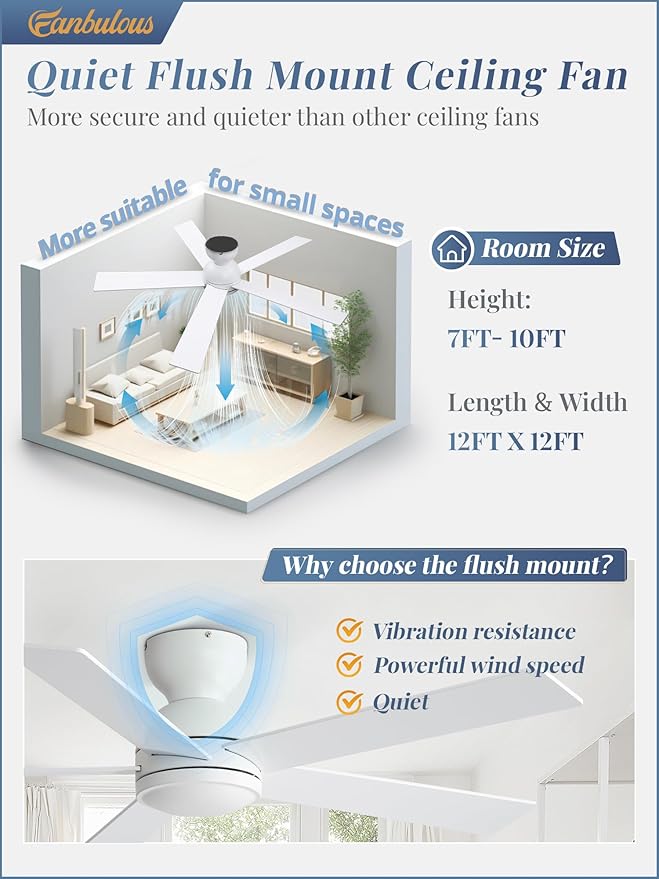 48 Inch Flush Mount Ceiling Fan without lights, White Ceiling Fan with Remote, 6-Speeds, Quiet Reversible DC Motor, Indoor/Outdoor Ceiling Fans for Living Room, Bedroom, Patio