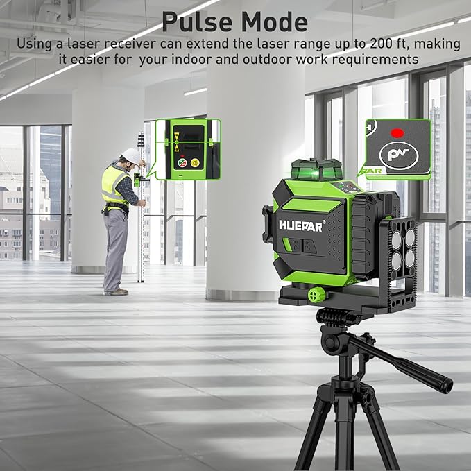 Huepar Laser Level 3 x 360 Self-Leveling Cross Line Laser 3D Green Laser Level with Pulse Mode Alignment Laser Tool with Rechargeable Li-ion Battery, Integrated Magnetic Bracket, Hard Carry Case 703CG