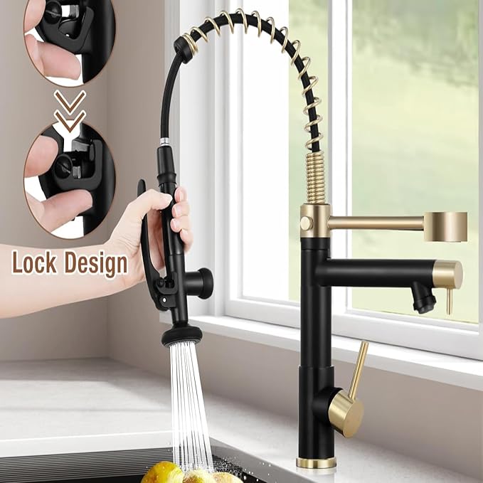 Smart Kitchen Faucet, 3 Modes Pull Down Sprayer, LED Temperature Control, Ceramic Valve,360-Degree Rotation,1 or 3 Hole Deck Plate, Double Spout. 10-Year Warranty. (KW-29RK, Gold/Black)