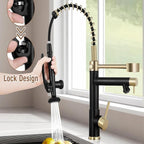 Smart Kitchen Faucet, 3 Modes Pull Down Sprayer, LED Temperature Control, Ceramic Valve,360-Degree Rotation,1 or 3 Hole Deck Plate, Double Spout. 10-Year Warranty. (KW-29RK, Gold/Black)