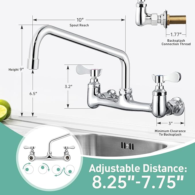 Wall Mount Commercial Sink Faucet with 10” Swivel Spout, 8" Center Wall Mount Kitchen Faucet, Dual Handles Brass Utility Sink Faucet for Laundry Room Restaurant