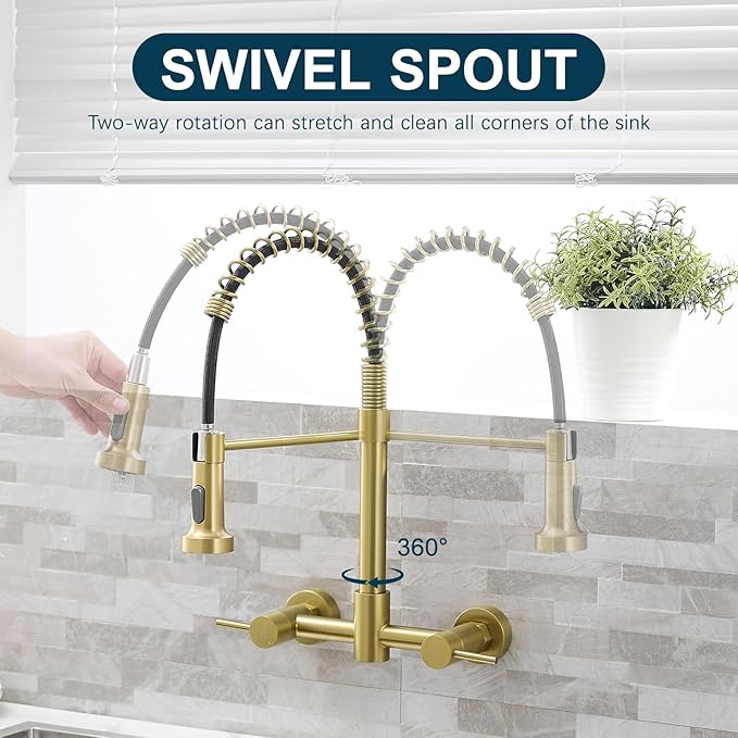 AIMADI Brushed Gold Kitchen Faucet,Wall Mount Faucet 8 Inch Center|2 Handle Commercial Sink Faucet for Modern Kitchens Luxury Style