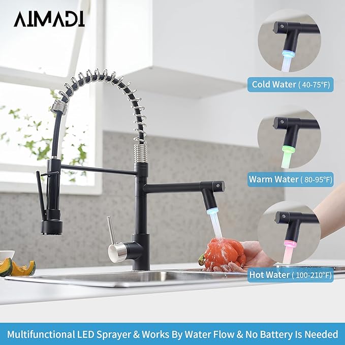 Kitchen Faucet Black AIMADI Black and Brushed Nickel Kitchen Faucet with Pull Down Sprayer,Single Handle Faucet for Kitchen Sink with LED Light