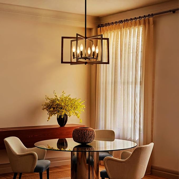 Modern Farmhouse Chandelier, 20'' Black and Wood Grain Dining Room Light Fixture, Geometric Pendant Light for Living Room Kitchen Bedroom Hallway, 6-Light Adjustable Hanging Chandelier Lamp