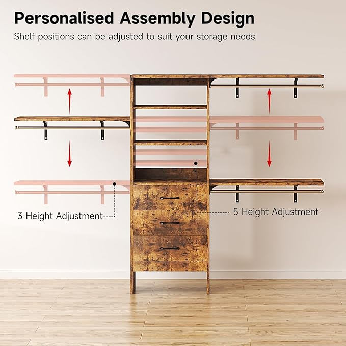 8FT Closet System, 96'' Closet Organizer System with 3 Hanging Rods, Wall Mount Bedroom Wardrobe with 3 Drawers Walk-in Closet, Adjustable Cloth Garment Rack from 5 to 8FT (Cut to Fit), Rustic Brown