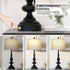29" Black Modern Table Lamps Set of 2, Industrial Touch Control 3-Way Dimmable Bedside Lamp with USB C+A Ports, Metal Nightstand Lamps for Living Room Bedroom Office Home(2 LED Bulbs Included)