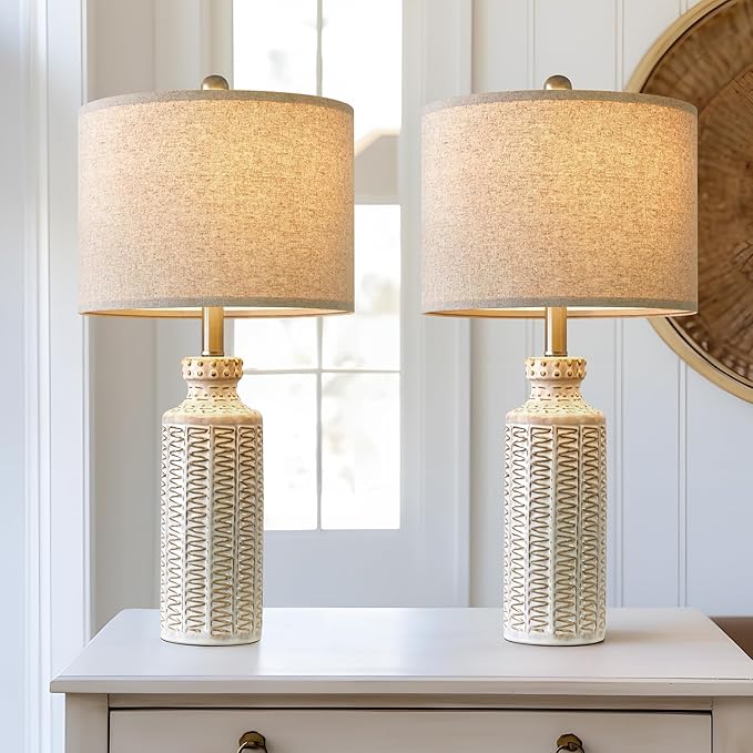 24.75'' Farmhouse Cream-White Ceramic Single Table Lamp for Bedroom Living Room Vintage Traditional Rustic Modern Nightstand Bedside Lamps