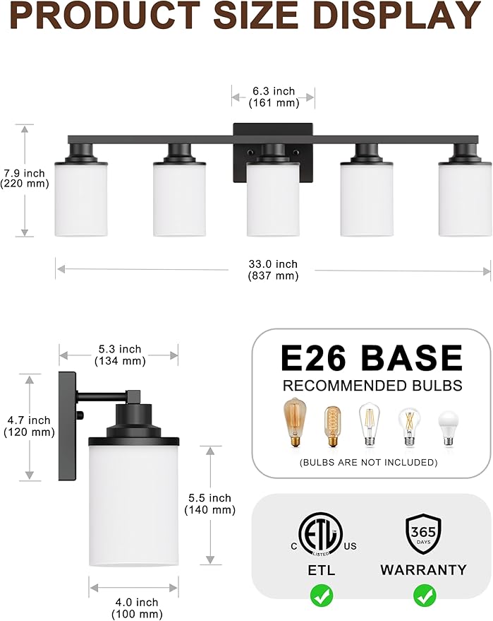 DORESshop 5-Light Black Bathroom Light Fixture Over Mirror with Milk Glass Shade, Modern Vanity Lights for Hallway Living Room Bedroom, ETL Listed
