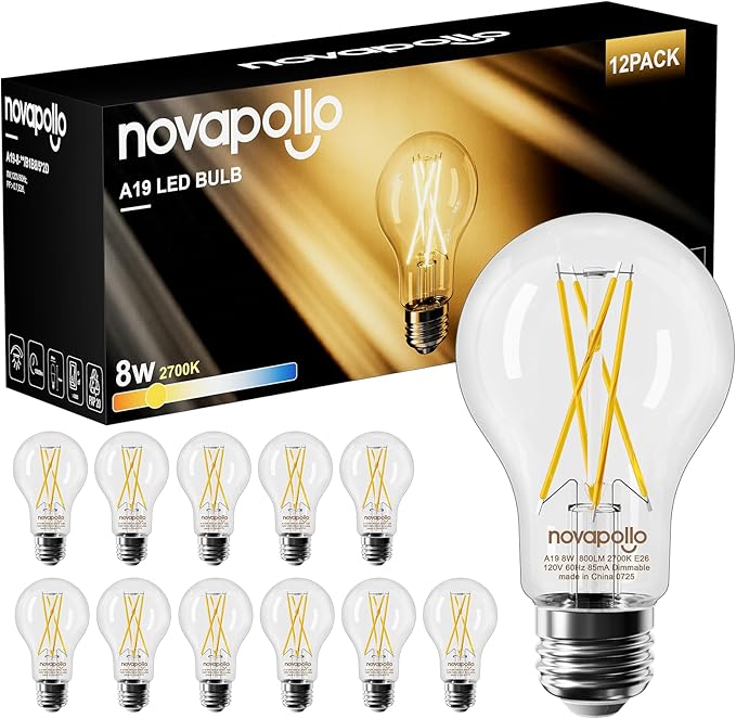A19 Vintage LED Edison Bulbs, Dimmable, 60W Equivalent, High Brightness 2700K Warm White, 8W E26 Standard Base, 800 Lumens, C80+ CRI Decorative Filament LED Bulb,Clear Glass,12 Pack