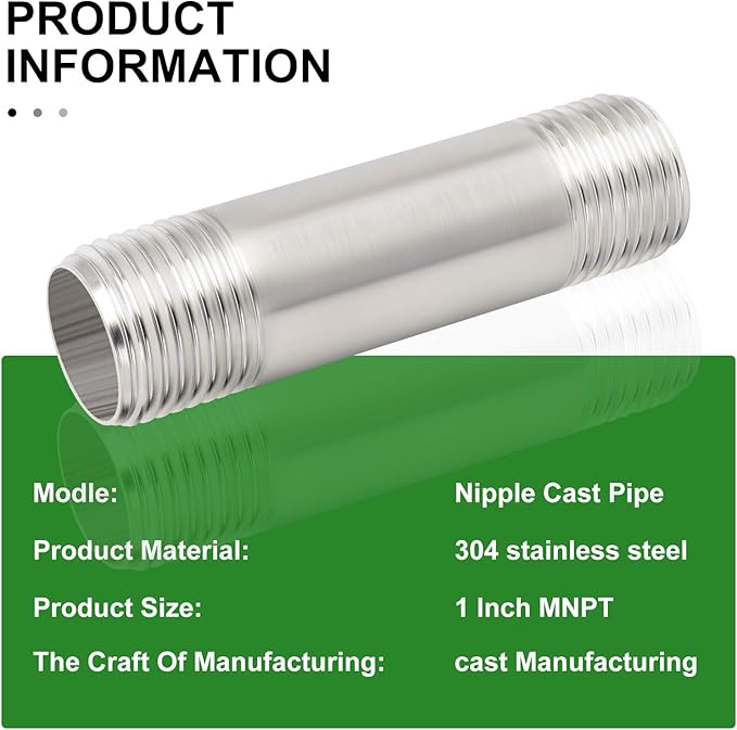 TAISHER 4PCS Stainless Steel Pipe Fittings, 1" NPT x 1" NPT Male Threaded, 2" Length Nipple Cast Pipe