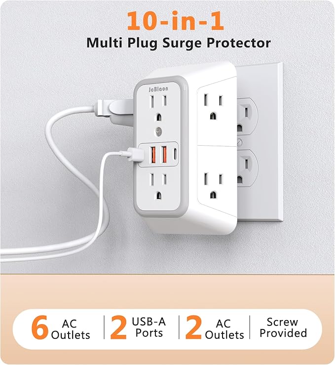USB Wall Charger Power Strip Surge Protector with 4 USB Ports (2 USB C) Plug Extension Multiple Outlets Plug Extension Multi Outlet Plug in Adapter Spaced Outlets for Home Office Travel,White (White)
