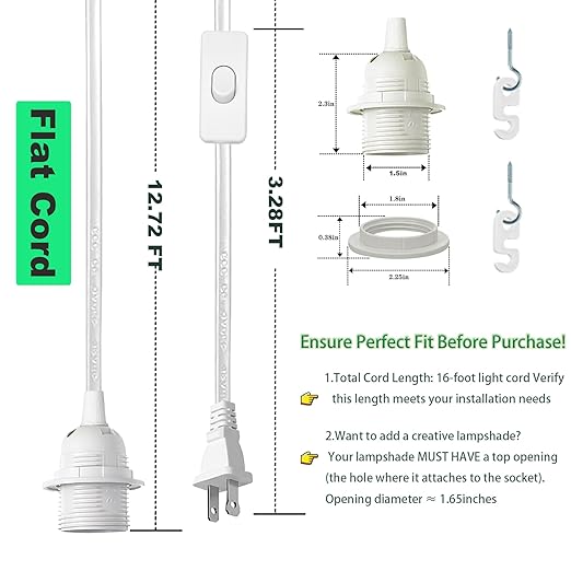 Plug in Pendant Light Cord Kit - 16Ft Light Bulb Socket with Cord E26/E27 Hanging Lantern Lamp Cable with Switch,Socket Rings, 4 Pack, White