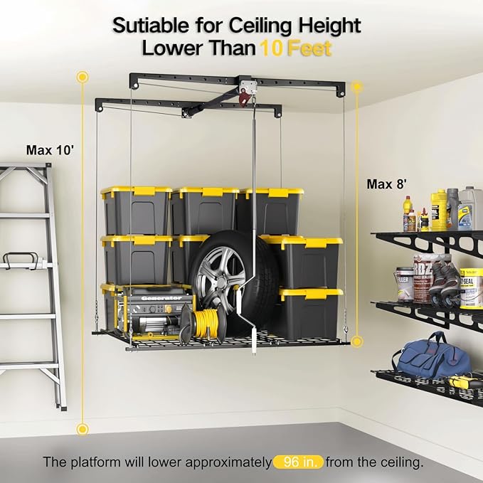 Overhead Garage Storage Rack for 8-10ft Ceiling, Heavy-duty 4x4 FT Garage Ceiling Storage Racks with Safety Lock, Ideal for Storage Mounted Lift System and Storage Organizer, 250lbs Capacity