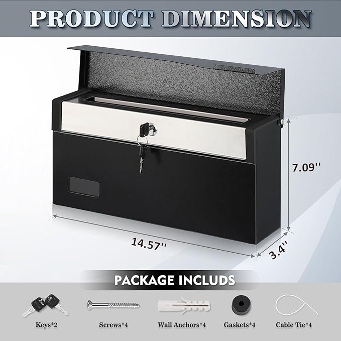 xydled Mailbox with Key Lock, Locking Wall Mount Mail Boxes for Outside, Steel Hanging Metal Mailbox, Modern Post Box, Black, 14.57''x7.09''x3.4''