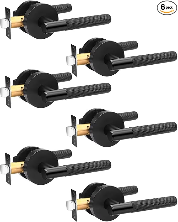 6 Pack Black Lever Door Handle, Passage Interior Door Lever for Closet and Hall, Reversible Knurled Handle Without Lock