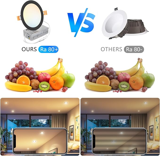 LVWIT Ultra-Thin Recessed Lighting 6 Inch with Junction Box, 1200LM 2700K-5000K 5CCT LED Ceiling Lights, Dimmable Canless Wafer Downlight, ETL,FCC&IC, Smooth Trim, 6 Pack Black