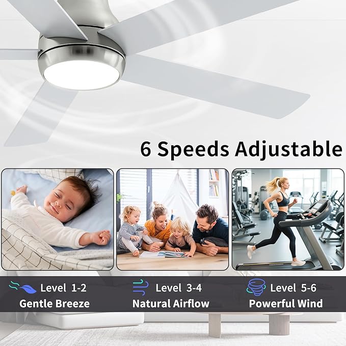 60 Inch Brushed Nickel Ceiling Fans with Lights and Remote, LED Low Profile Flush Mount Ceiling Fan for Bedroom, Living Room, Quiet DC Motor, Dimmable 6 Speeds