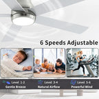 60 Inch Brushed Nickel Ceiling Fans with Lights and Remote, LED Low Profile Flush Mount Ceiling Fan for Bedroom, Living Room, Quiet DC Motor, Dimmable 6 Speeds