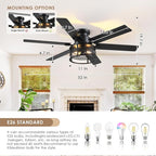 52inch Low Profile Ceiling Fan with Light and Remote,Farmhouse DIY Caged Flush Mount Ceiling Fan with Reversible DC Motor Dual Finish 6 Blades,6 Speed Black Fandelier for Patio,Bedroom,Livingroom