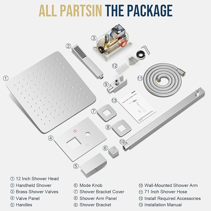 Shower Faucet Set Bathroom Square Rain Shower Head and Handle Set, Wall Mounted Shower Fixtures, Full Metal Trim Repair Kit 10 inch Polished Chrome (With Shower Valve)