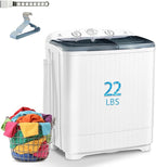 Portable Mini Twin Tub 22lbs Washing Machine With Drying Rack& 10 Hangers, 13lbs Washer & 9lbs Spinner, Small Laundry Washer with Time Control for Camping, Apartments, RV (22lbs)