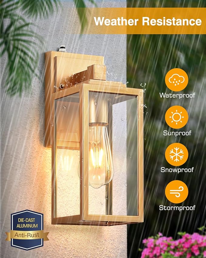 VIANIS Gold Outdoor Wall Light Dusk to Dawn Sensor, Exterior Wall Mount Sconces Lanterns Fixture for House, Golden Waterproof Aluminum Outside Wall Lamps for Patio, Porch Lighting for Garage Entryway