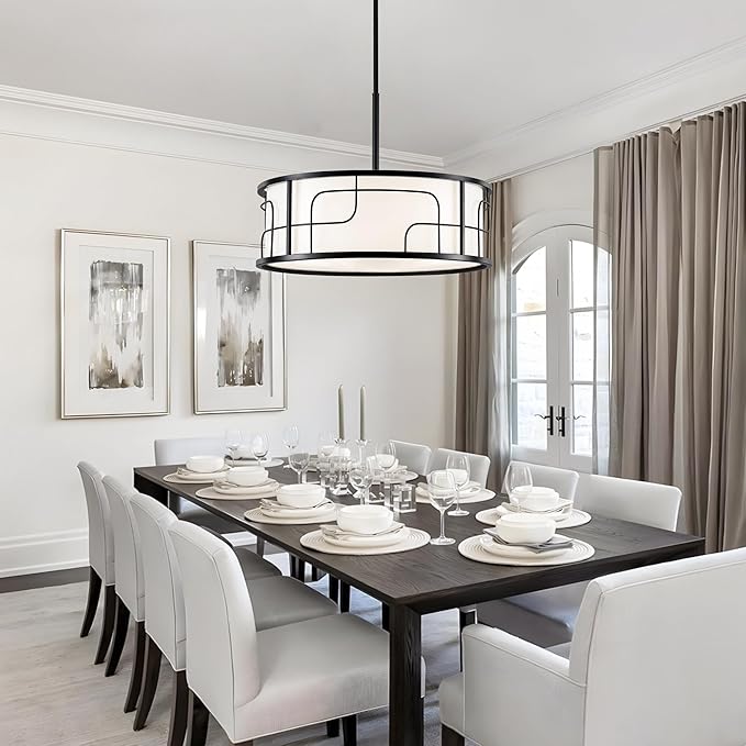 Drum Chandelier - Black and White Linear Design Adjustable Pendant Light for Dining Room, Kitchen Island, Living Room, Foyer (19.68", 5 Lights)
