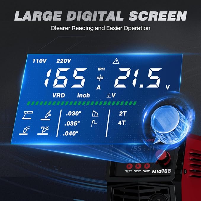 ARCCAPTAIN 165A MIG Welder 110V/220V, 2025 Newest [Large LED Display] 4 in 1 Gasless/Gas MIG/Lift TIG/Stick Welding Machine Multiprocess Welder Machine, IGBT Inverter Welder with Synergy, 2T/4T