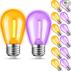 12-Pack Orange Purple String Light Bulbs, Patio String Light Replacement Bulbs for Outdoor Indoor, 1W E26 Base S14 LED Bulbs for Christmas Halloween,Holiday,Home Decor(6 Orange + 6 Purple)