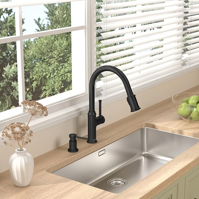 Lava Odoro Black Soap Dispenser for Kitchen Sink, Modern Brass Built in Countertop Pump Dispenser with 18 Oz Refillable Bottle, Kitchen Soap and Lotion Dispenser Spot-Free, Matte Black, KSD-21