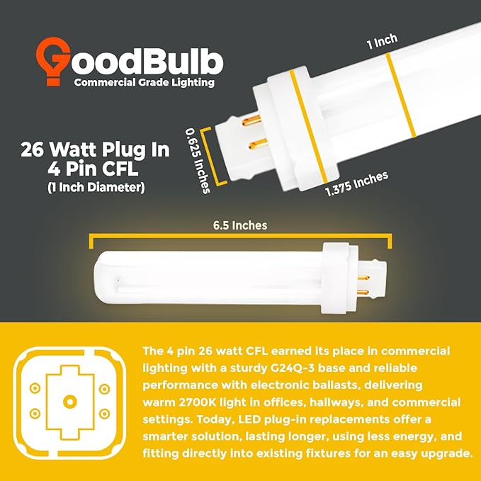 GoodBulb 26 Watt CFL Light Bulbs 4 Pin G24Q-3 Base 2700K Soft White 26W High Output 1800 Lumens Double Tube Compact Fluorescent Light Bulbs Plug-in 10 Pack