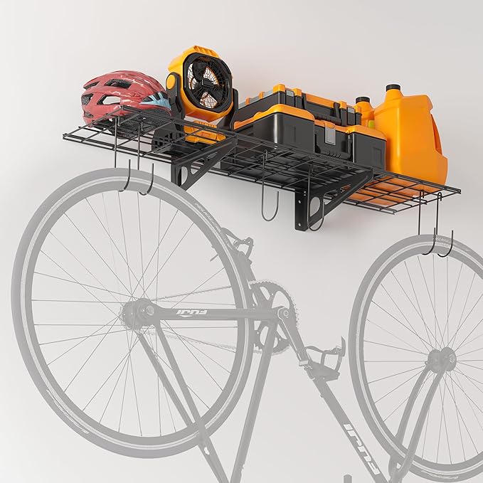 1x4 ft Garage Shelving with 6 Bike Hooks, 1-Pack Wall-Mounted Shelve for Garage, Kitchen, Pantry Storage, 150 lbs Total Load Capacity Wall Shelving, Black