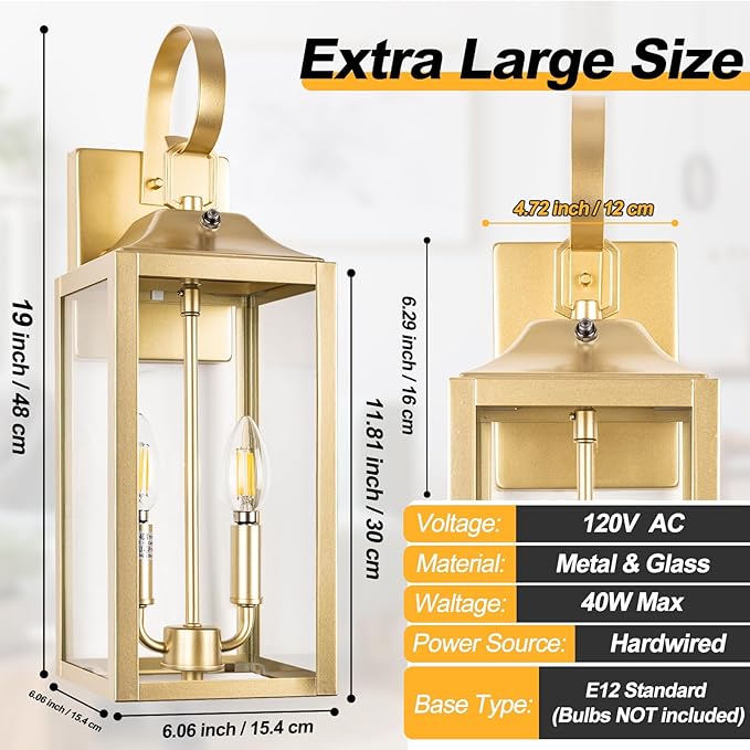 Gold Dusk to Dawn Outdoor Wall Lantern 2-Light, 19" Large Modern Wall Sconce Light Fixture, Industrial Porch Light, Waterproof Farmhouse Exterior Lamp Lighting