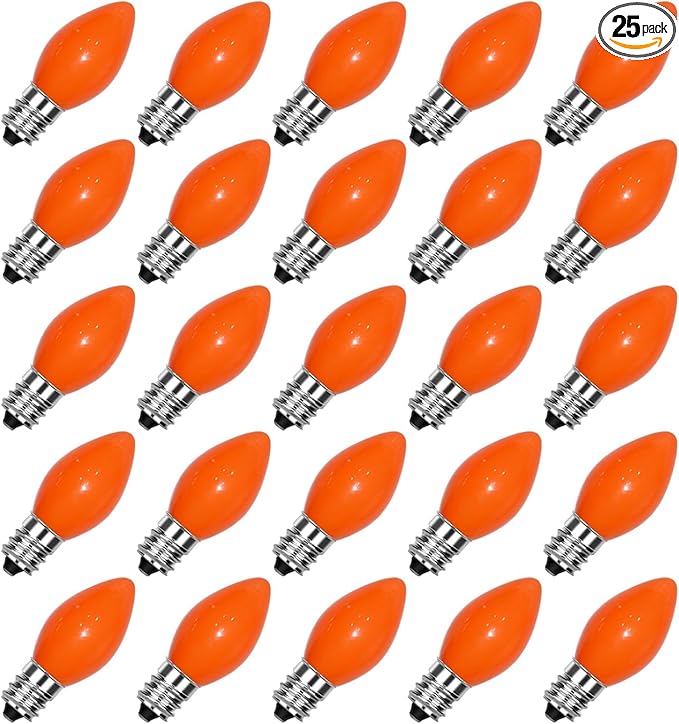 25 Pack C7 Halloween Replacement Bulbs, Ceramic Orange Christmas Light Bulbs for Indoor/Outdoor String Lights, E12/C7 Candelabra Base, 5W Incandescent Night Light Bulbs