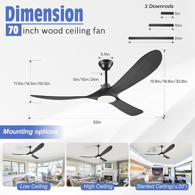 52" Black Outdoor Ceiling Fan with Light, Alexa Smart Ceiling Fan with Light Remote 3 Wood Blade Quiet Reversible DC Motor, Large Airflow Damp-rated Indoor Exterior Ceiling Fans for Patio Porch Gazebo