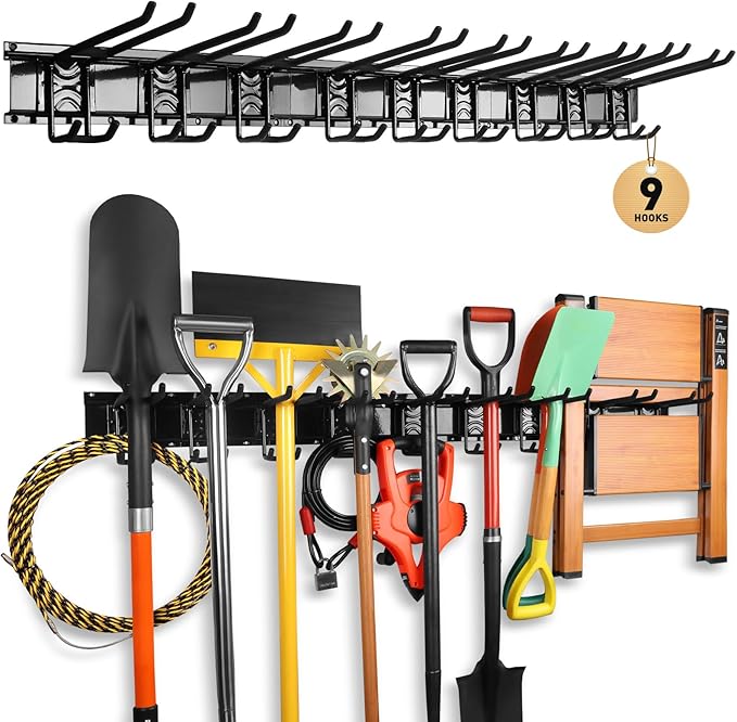 ELEAD 9-Pairs Heavy Duty Garage Tool Organizer Wall Mount Hooks, 48 Inches 730 lbs Garden Tool Organizer with Adjustable Hooks, Yard Tool Organizer for Garden, Yard, and Shed