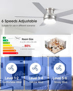 52 Inch Nickel Ceiling Fan With Light Flush Mount Dimmable 3 Color Temperatures LED Remote Control 6 Speed Reversible DC Motor 5 Blades Modern Ceiling Fan Design for Indoor or Covered Outdoor