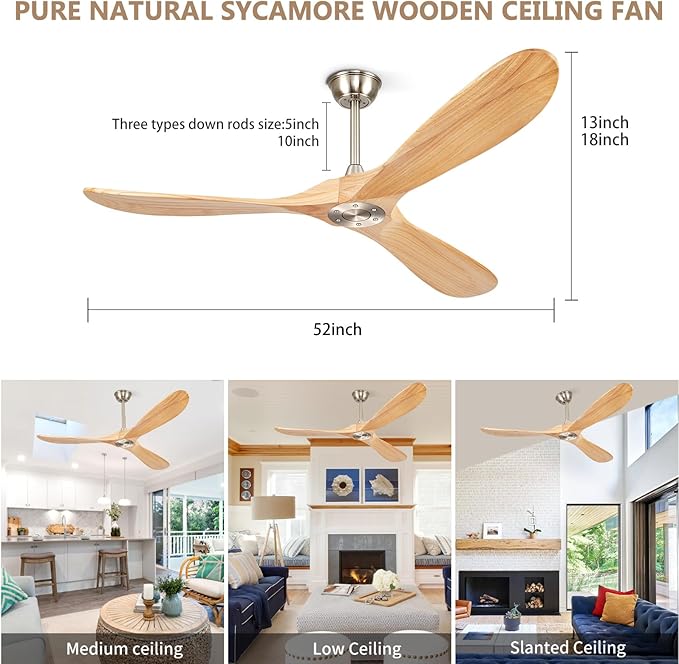 52" Ceiling Fans Without Lights, Solid Wood Ceiling Fan with Remote Control No Light, Modern Ceiling Fan with 3 Blades, Indoor Outdoor Ceiling Fans for Patios, Gazebo(Nature Wood)