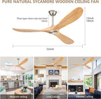 52" Ceiling Fans Without Lights, Solid Wood Ceiling Fan with Remote Control No Light, Modern Ceiling Fan with 3 Blades, Indoor Outdoor Ceiling Fans for Patios, Gazebo(Nature Wood)
