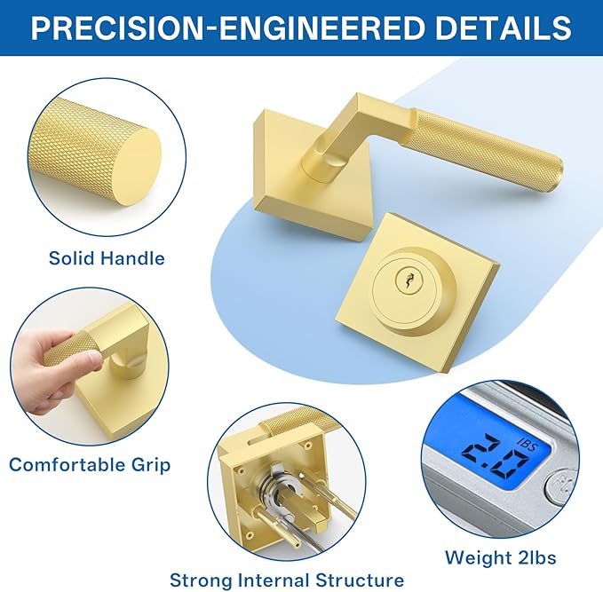 Amerdeco Front Door Lock Set with Double Cylinder Deadbolt, Exterior Entry Door Lever, Heavy Duty Entry Door Locksets for Left or Right Hand Exterior Door（Brushed Gold 2 Pack）