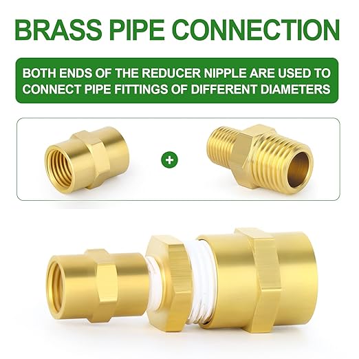 TAISHER 10PCS Brass Pipe Fitting, Reducer Adapter, Hex Nipple, 3/8-Inch Male Pipe x 1/4-Inch Male Pipe