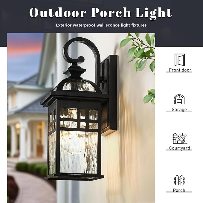 Outdoor Wall Light Exterior Waterproof Wall Sconce Light 22 Inch Height Black Porch Light with Water Ripple Glass E26 Socket