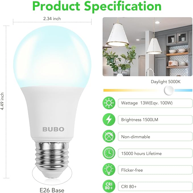 BUBO A19 LED Light Bulbs, 100 Watt Equivalent LED Bulbs, Daylight 5000K, 1500 Lumens, E26 Standard Base, Non-Dimmable, 13W Soft White LED Bulbs for Bedroom Living Room Home Office, 24 Pack